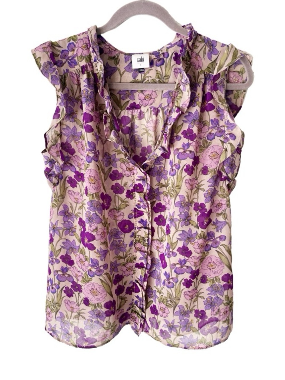 CAbi Blouse Women's Small Trifle Sheer Ruffle Floral Button Down 4168 Bloomcore